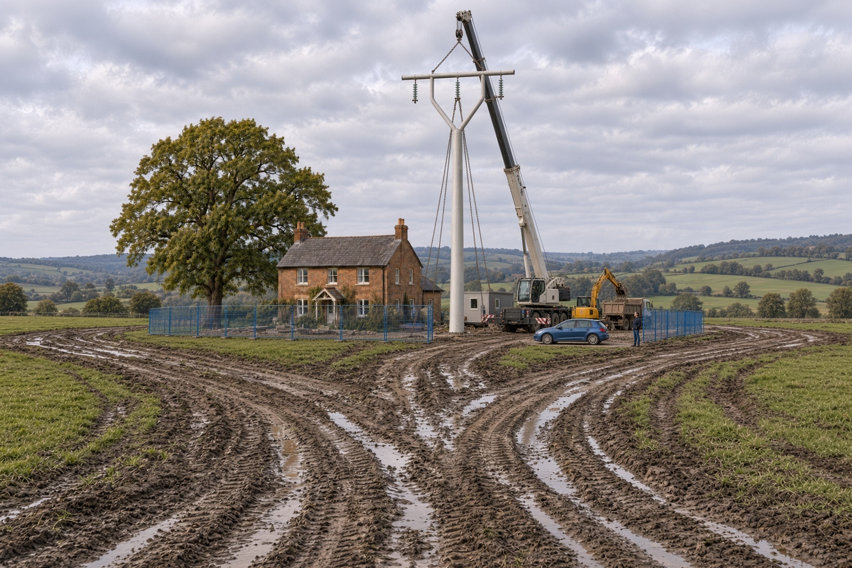 T-pylon construction in muddy field