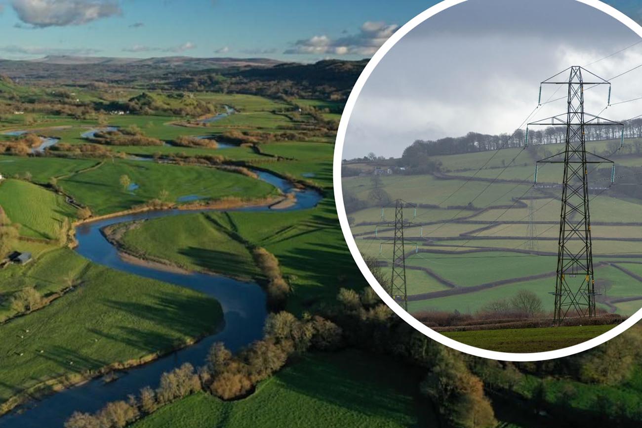 Before and after: valley with pylon photomontage